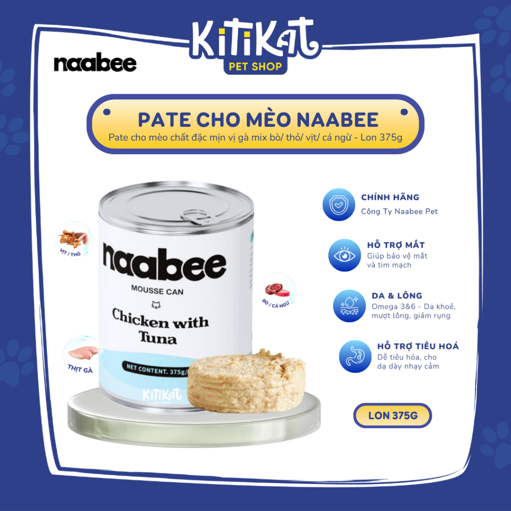 Pate Cho Mèo NaaBee 375g Dạng Mousse Cho Mọi Lứa Tuổi, Giàu Đạm, Tiêu Hoá Tốt, Khoẻ Da, Mượt Lông