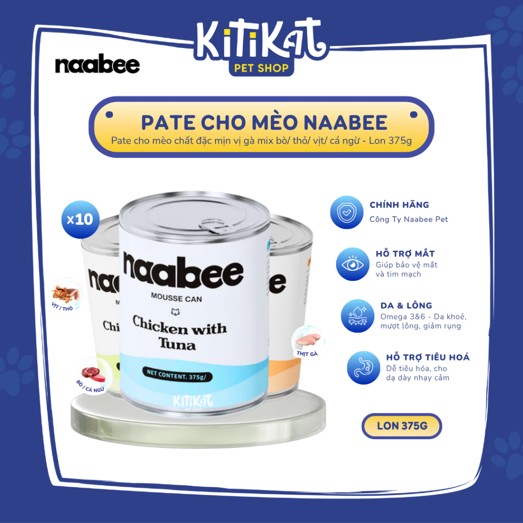 [COMBO 10 LON] Pate Cho Mèo NaaBee 375g Dạng Mousse Cho Mọi Lứa Tuổi, Giàu Đạm, Tiêu Hoá Tốt