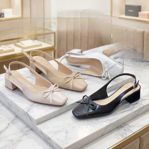 Giày cao gót bít mũi 3 phân đế vuông Annmodels kiểu dáng slingback phối nơ nhí sang trọng-Min3004NC