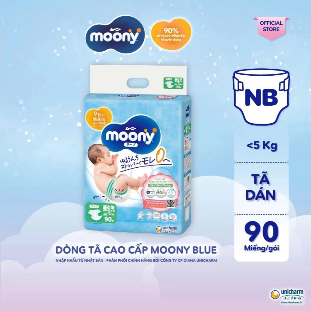 Bỉm Moony Xanh. Bỉm tã dán/Bỉm tã quần nhập khẩu mỏng thoáng của Nhật Bản Cao cấp cho Bé