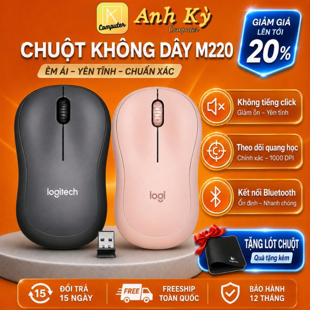 Chuột Không Dây Silent 𝙈-𝙎𝙚𝙧𝙞𝙚𝙨 M220, Chuột văn phòng không gây tiếng động - BH 12 tháng 1 đổi 1