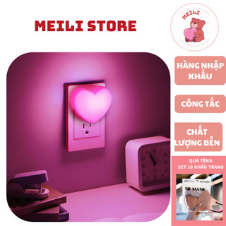 ( TẶNG SET 10 KHẨU TRANG) Đèn Ngủ Cắm Điện Mini Tim Hồng, Công Tắc Đóng Mở, Tiết Kiệm Điện Năng, Trang Trí Phòng Ngủ
