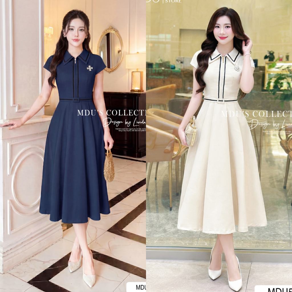 Váy Công Sở ADELA DESIGN Chất Gold Nhật Dáng Midi Xòe Cổ Sơ Mi Thanh Lịch BST MDU5126