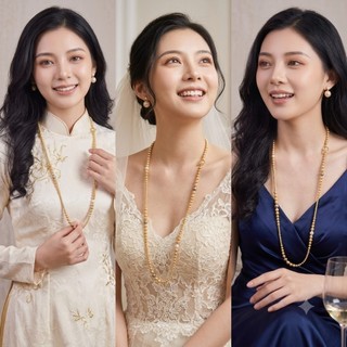 N1138 Vòng Cổ, Dây Chuyền, Mix Ngọc Nhân Tạo màu vàng trắng nâu đồng dài 90cm khoá OT thanh lịch cho nữ