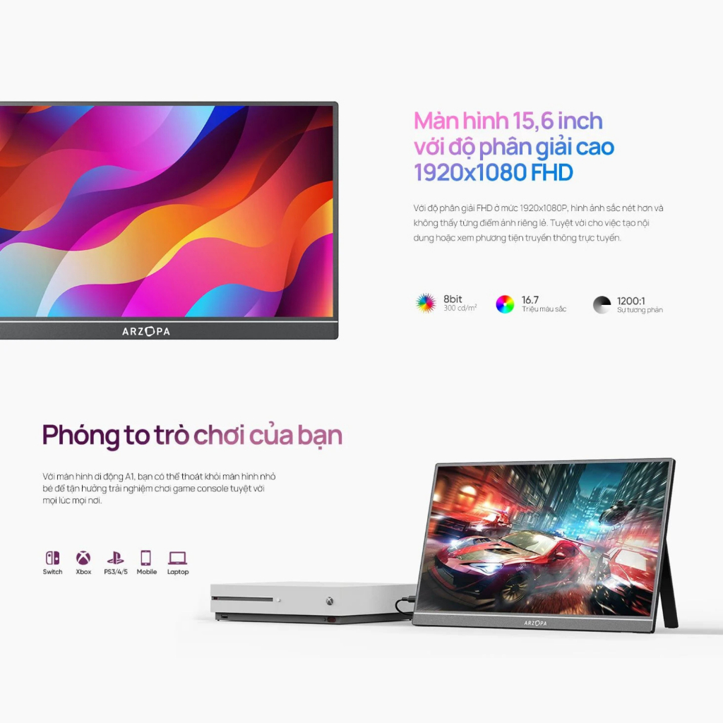 Màn Hình Di Động ARZOPA  A vỏ nhôm | IPS FHD | 100%sRGB | HDR | Loa Kép | USB-C HDMI | Chính Hãng | BigBuy360 - bigbuy360.vn