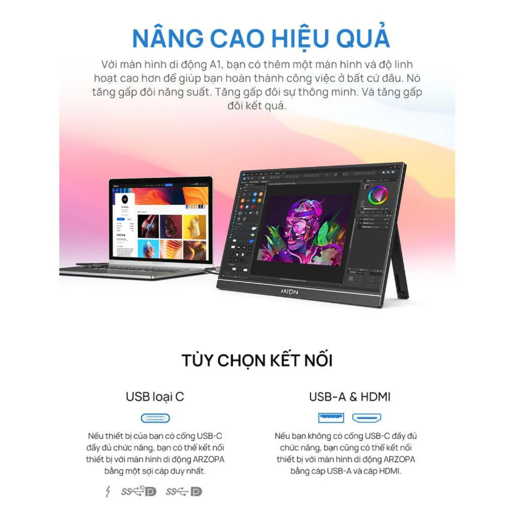 Màn Hình Di Động ARZOPA  A vỏ nhôm | IPS FHD | 100%sRGB | HDR | Loa Kép | USB-C HDMI | Chính Hãng | BigBuy360 - bigbuy360.vn