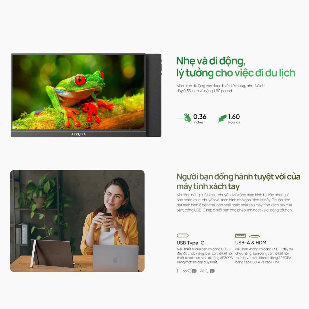 Màn Hình Di Động ARZOPA  A vỏ nhôm | IPS FHD | 100%sRGB | HDR | Loa Kép | USB-C HDMI | Chính Hãng | BigBuy360 - bigbuy360.vn