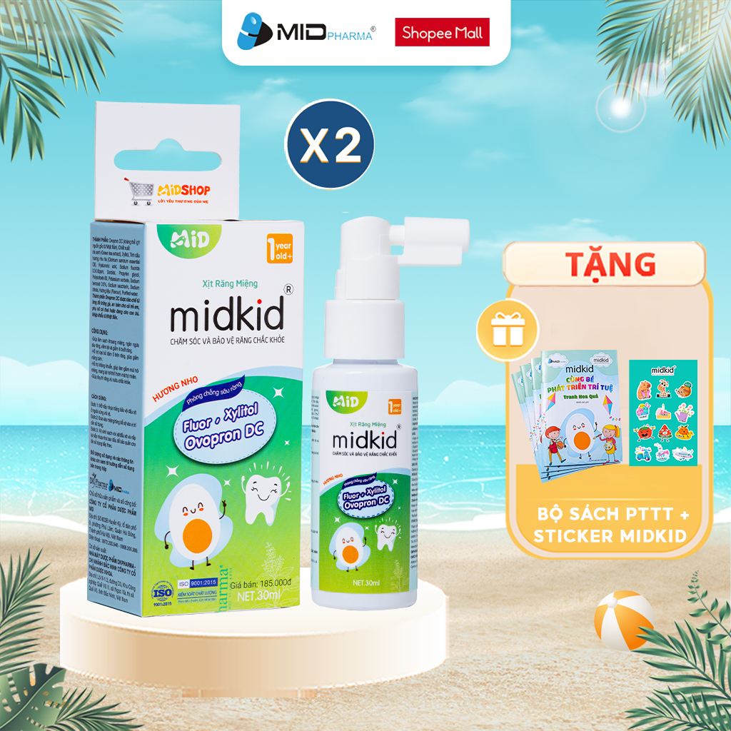 Combo 2 hộp Xịt chống sâu răng Midkid vị nho 30ml cho bé từ 1 tuổi giúp làm sạch, ngăn ngừa ố vàng