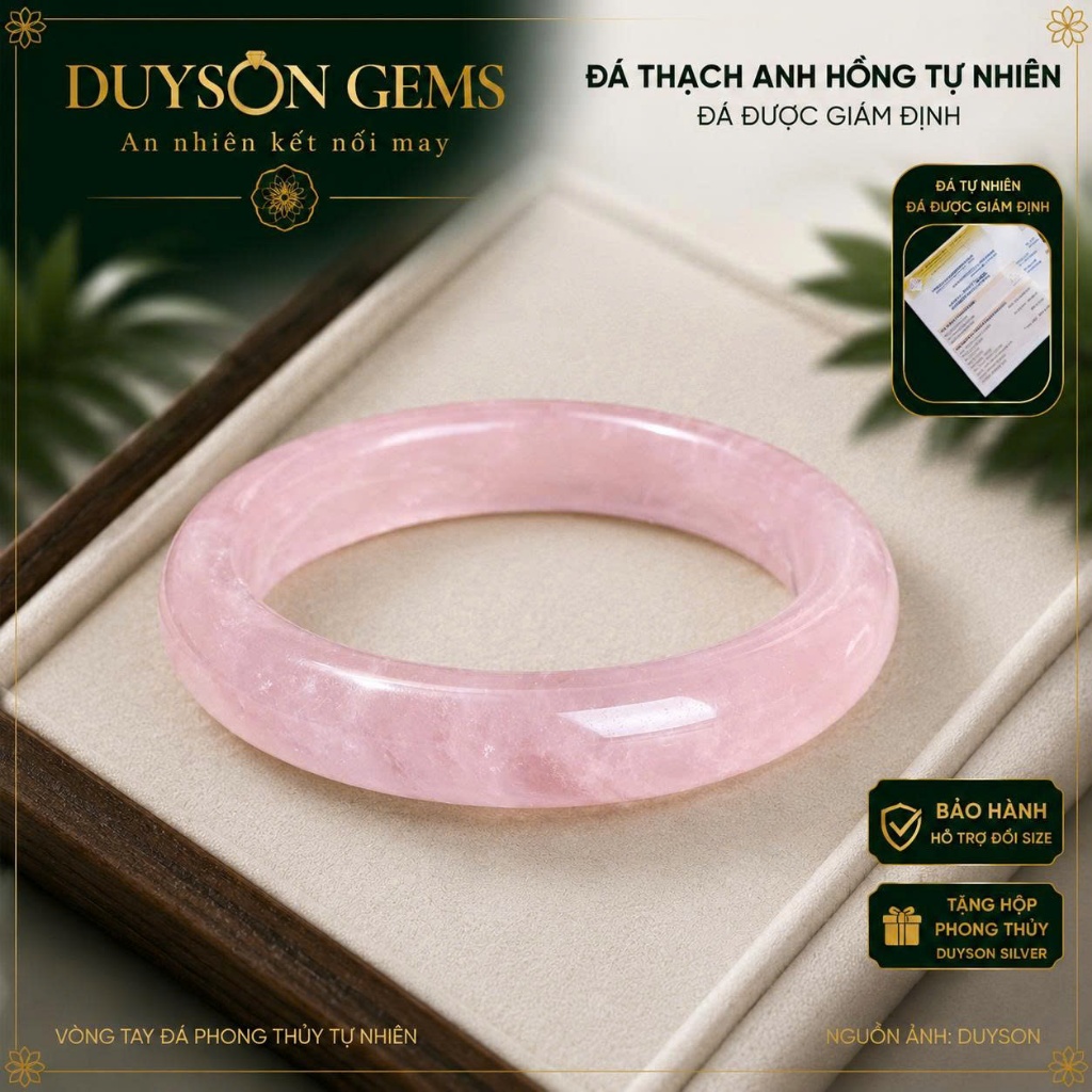 Vòng tay Duyson Gems thạch anh hồng bản hẹ nguyên khối phong thủy may mắn LTPT4