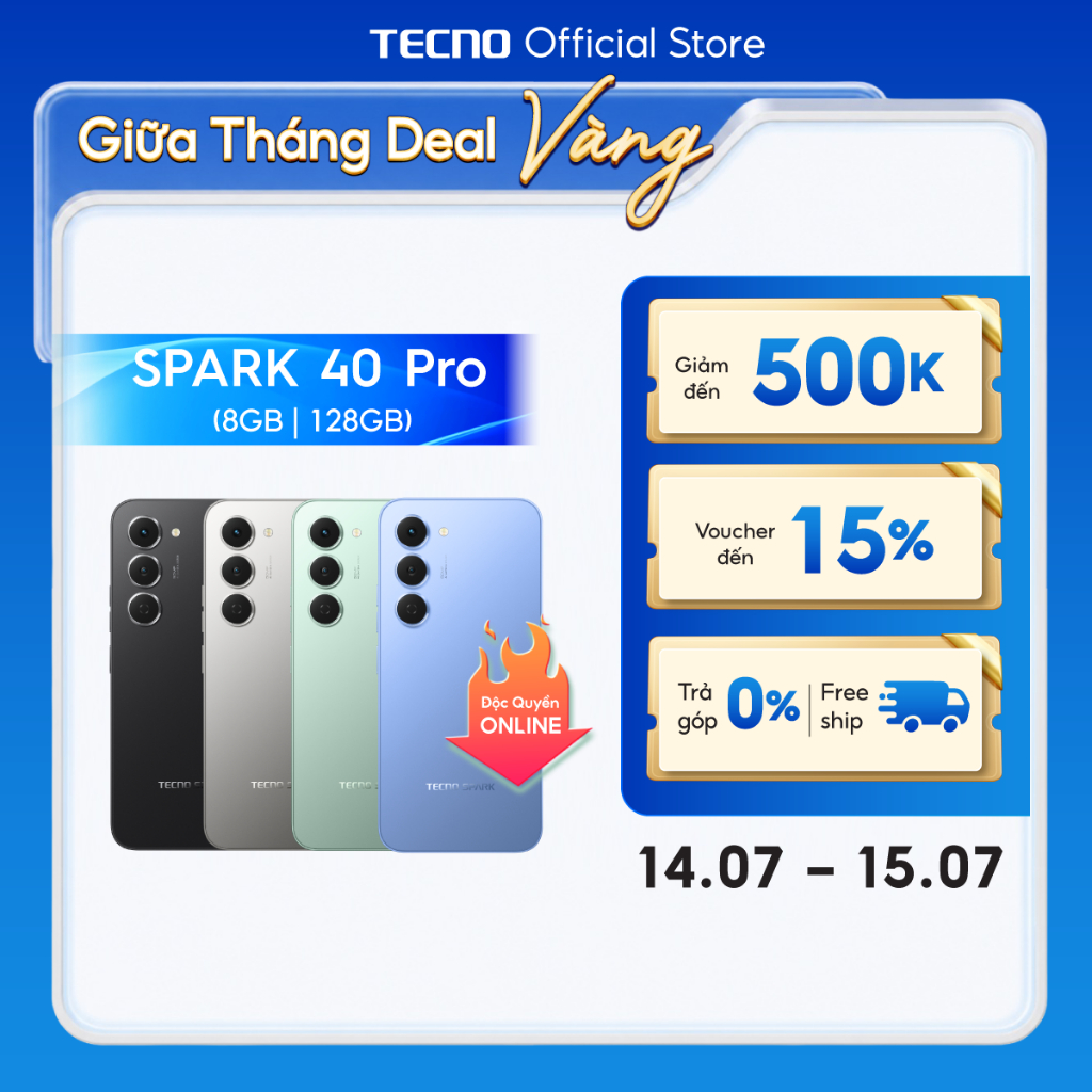 Điện thoại TECNO SPARK 40 PRO (8+8)GB/128GB - Màn hình AMOLED 1.5K & 144Hz | Mỏng 6.69mm | 5200mAh sạc 45W