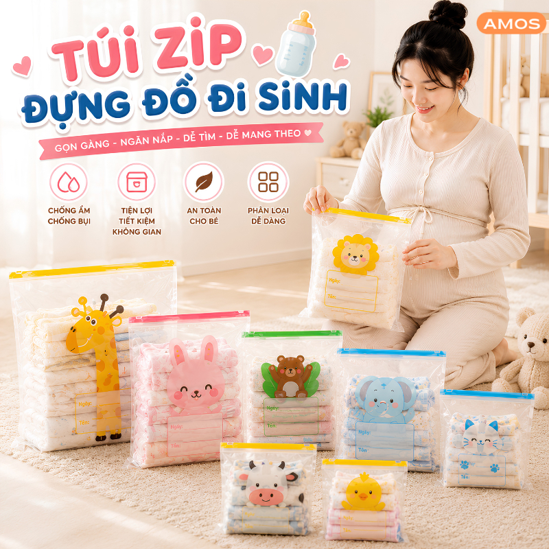 20 Túi Zip Đựng Đồ Đi Sinh cho mẹ tiện lợi AMOS, Túi đựng quần áo, đồ dùng, tã bỉm du lịch cho bé nhiều kích thước