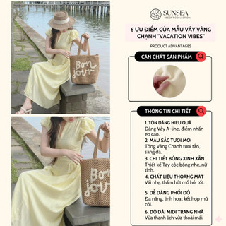 Váy nữ midi vàng tay ngắn bồng dáng xòe cổ V kéo khóa, đầm nữ suông dài chất vải xước nhăn mềm mại Yuumi HCOM25503