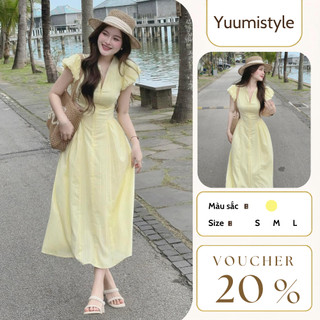 Váy nữ midi vàng tay ngắn bồng dáng xòe cổ V kéo khóa, đầm nữ suông dài chất vải xước nhăn mềm mại Yuumi HCOM25503