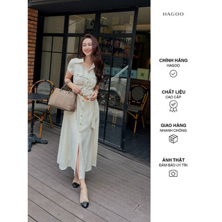 Váy sơ mi nữ tay hến ốp ngực HAGOO chất liệu linen xương cá dáng dài đai eo [V9081]