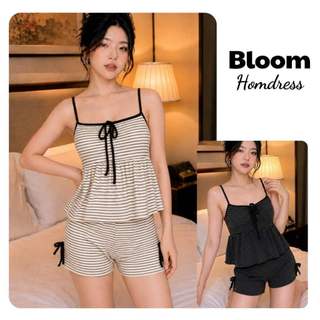 BLOOM.HOMDRESS [CÓ MÚT] Set Mặc Nhà Nữ Babydoll Kẻ Ngang Áo 2 Dây Và Quần Đùi Đính Nơ Chất Thun Cotton - BH018