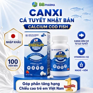 Canxi Cá Tuyết lọ 100 viên Cod Fish Calcium, viên uống vị dâu có thể nhai - Hàng chính hãng