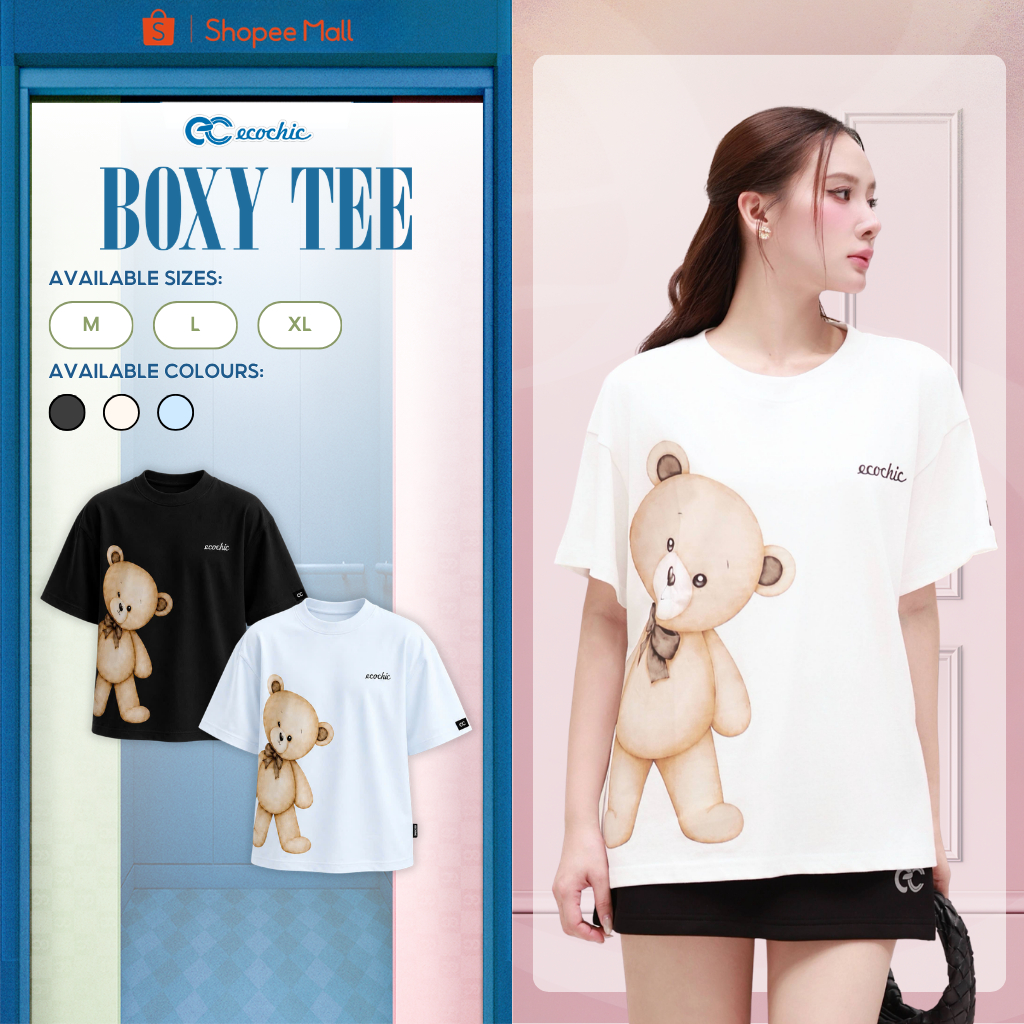 Áo Phông Boxy ECOCHIC B254 Hình Gấu Có Nơ Công Nghệ In Digital Chất Liệu Cotton 2 Chiều