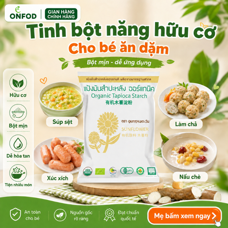 Bột năng hữu cơ cho bé ăn dặm UBON ONFOD làm bánh nấu súp xúc xích chả từ 6 tháng
