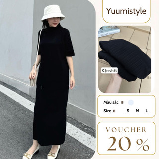 Đầm nữ,váy nữ liền thân cộc tay dáng dài cổ 3 phân chất len gân mềm mại form rộng tôn dáng siêu xinh D221 YuuMi Style