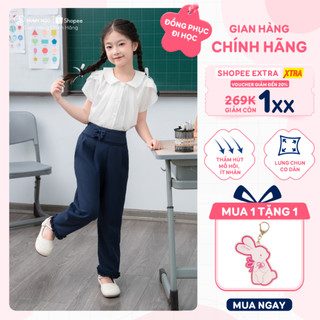[18-45kg]Quần dài bé gái HUMY NGO_Quần bagggy,quần suông màu xanh đen lưng chun co dãn thoải mái,đồng phục đi học trẻ em