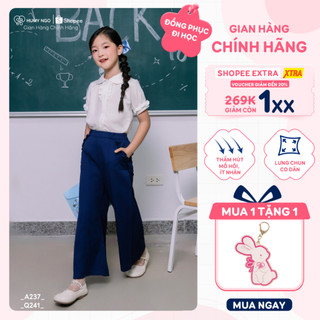 [HÀNG MỚI VỀ]Set đi học bé gái 18-45kg HUMY NGO_Áo sơ mi trắng cổ sen tay bồng nhẹ mát & quần dài suông lưng thun co dãn