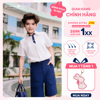 [18-45kg] Mix set đồng phục bé trai HUMY NGO áo sơ mi trắng ngắn tay phối quần short/quần tây xanh than chuẩn form