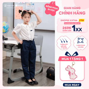Set đi học bé gái HUMY NGO áo sơ mi trắng basic mix quần baggy xanh than lưng thun co dãn, thấm hút mồ hôi