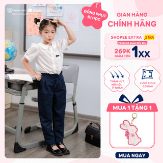 [BÁN CHẠY] Set đi học bé gái HUMY NGO áo sơ mi trắng basic mix quần baggy xanh than lưng thun co dãn, thấm hút mồ hôi