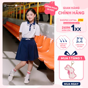 Mix set đồng phục đi học bé gái HUMY NGO_Áo cộc tay polo cổ sen phối chân váy xếp li xanh than có lót quần
