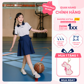 [HÀNG MỚI VỀ]Áo polo cộc tay trắng cổ sen chất cotton và chân váy xếp ly xanh than HUMY NGO đồng phục cho bé gái 18-45kg