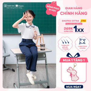Bộ áo quần đồng phục đi học - Áo polo trắng đính nơ, quần baggy thoáng mát, ít nhăn cho bé 6-12 tuổi [145+151]
