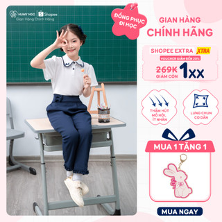 [HUMYNGO] Bộ áo quần đồng phục đi học - Áo polo trắng đính nơ, quần baggy thoáng mát, ít nhăn cho bé 6-12 tuổi [145+151]