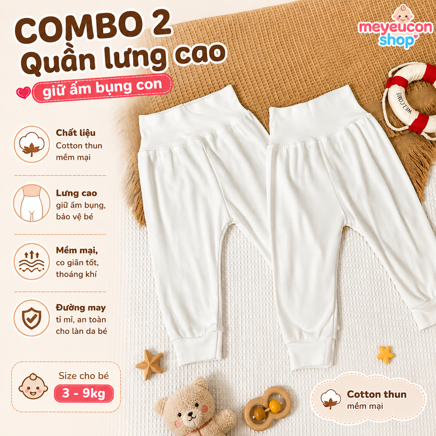 (3-9kg) COMBO 2 Quần sơ sinh lưng cao COTTON THUN mềm giúp giữ ấm bụng cho bé ngủ ngon - Bunny