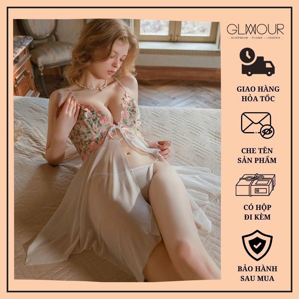 Váy ngủ hai dây voan hoa cao cấp Glamour Đầm mặc nhà gợi cảm quyến rũ