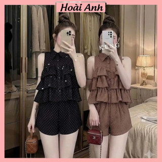 Set Bộ Đồ Nữ Đũi Bi Nhí Áo Sát Nách Cổ Sơ Mi Cúc Càu Dọc Bèo Tầng Dáng Ngắn Mix Quần Sooc Đùi