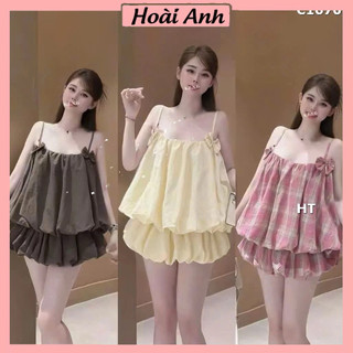 Set Bộ Đồ Nữ Gió Phồng TRơn Áo 2 Dây Đính 2 Nơ Gấu Phồng Mix Chân Váy Bí Dáng Ngắn