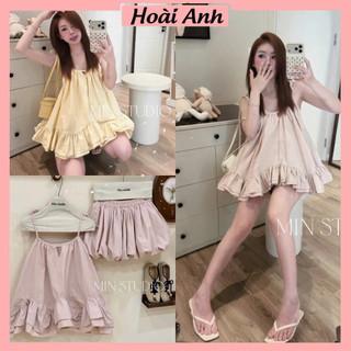 Set Bộ Đồ Nữ Gió Mềm Áo 2 Dây Dáng Babydoll Viền Gấu Bèo Hồng Vàng Mix Chân Váy Bí Phồng
