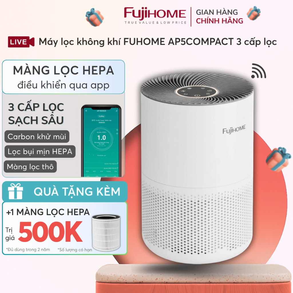 Máy lọc không khí FUJIHOME màng lọc HEPA loại bỏ bụi mịn, cảm biến đo chất lượng không khí