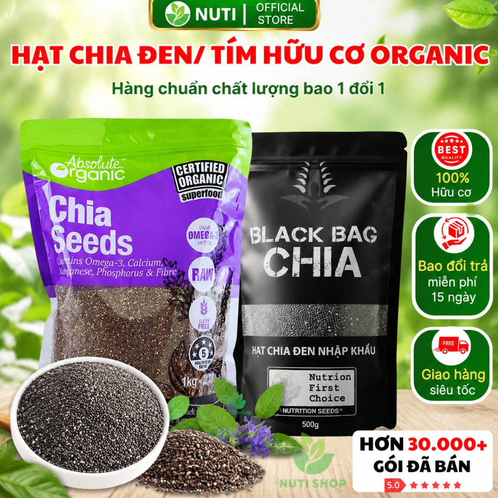 【TOP CHẤT LƯỢNG】Hạt Chia Tím Absolute Organic, Chia Đen Black Bag Chia Hữu Cơ Hạt Sạch Đều Đẹp Detox