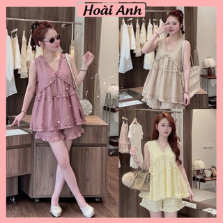 Set Bộ Đồ Nữ Đũi Tơ Áo Sát Nách Đũi Tơ Cổ V Viền Bèo Dáng Babydoll Mix Quần Sooc Đùi Ống Rộng