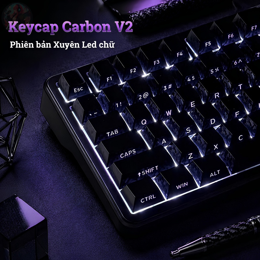 Keycap Carbon | Chất liệu PC Nhám, Cực Bền Bỉ | Profile Cherry 132 Nút | Hoạ tiết vân Carbon độc lạ