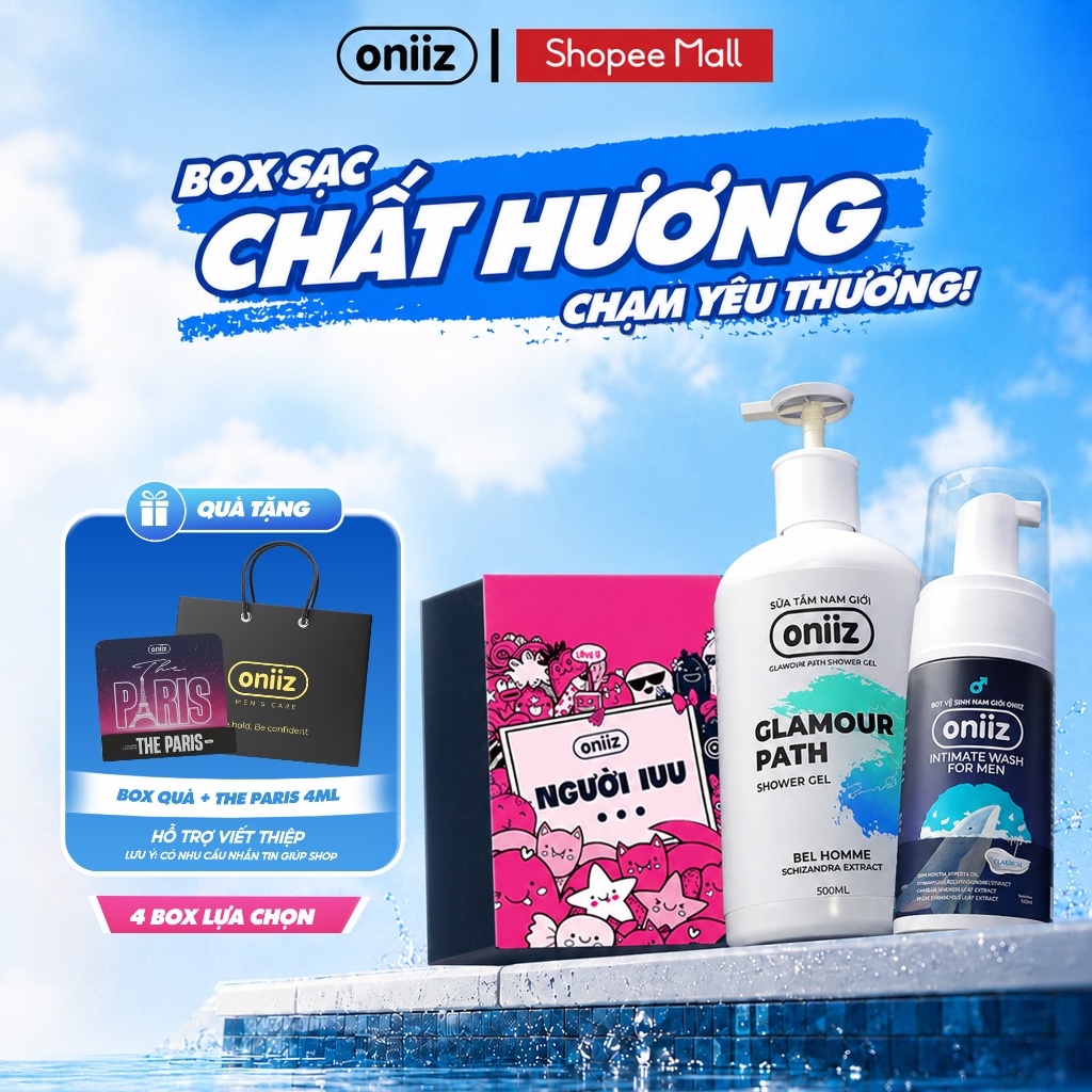 Quà tặng nam giới - Box sạc chất hương Oniiz - Sữa tắm hương nước hoa, Bọt vệ sinh nam giới, Quà Tặng nước hoa the Paris