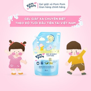 Combo 3 Túi Nước Giặt Xả Pom Pom Newborn 2.7L - An Toàn Cho Bé Sơ Sinh, Sạch Sâu Vết Nôn Trớ Ọc Sữa, Hương Phấn Rôm NB27