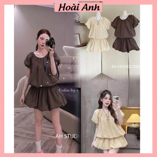 Set Bộ Đồ Nữ Gió Phồng Váy Bí Nữ Ngắn Tay Cổ TRòn Chun Eo Gấu Phồng Kèm Quần Bảo Hộ