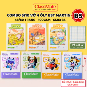 Combo 5/10 Vở Ô Ly B5 100gsm BST Maxtin, Happy EveryDay Classmate 48/80 Trang Giấy Dày Chống Thấm Cho Bé Tập Viết, Cấp 1