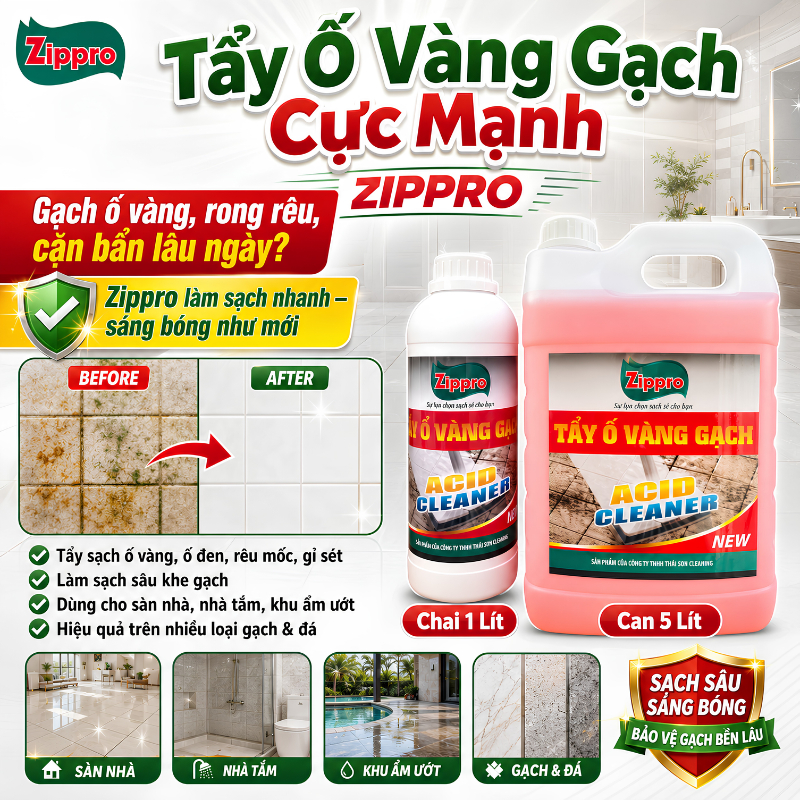 Nước Tẩy Ố Vàng Gạch ZIPPRO Cực Mạnh, Tẩy Rong Rêu, Cặn Bẩn, Gỉ Sét Sàn Gạch Nhà Tắm