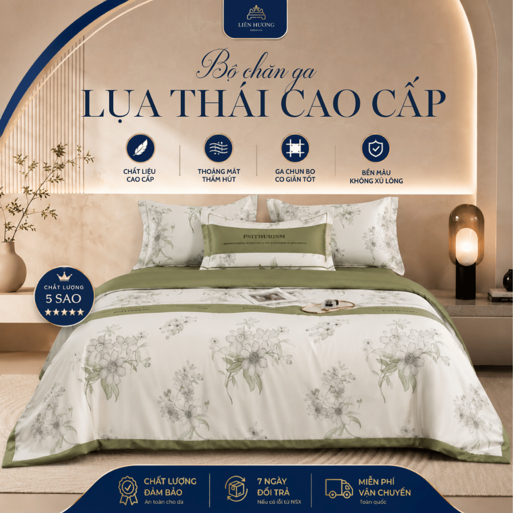 Bộ Chăn Ga Gối Lụa Thái Nhập Khẩu Cao Cấp, Chất Liệu Lụa Thái Mềm Mịn, Thoải Mái, Thoáng Mát, Chăn Đã Có Ruột (Sẵn Hàng)