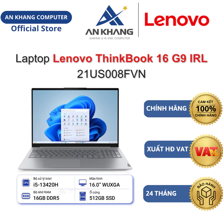 Laptop Lenovo ThinkBook 16 G9 IRL 21US008FVN (i5-13420H,16GB_DDR5, SSD_512GB, 16" WUXGA, Win 11) Chính hãng BH 24 Tháng