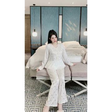 Đồ Ngủ Nữ, Bộ Ngủ Nữ, đồ bộ tiểu thư, đồ ngủ nữ, đồ bộ nữ mặc nhà đũi, pijama tay dài gấu bèo kute đũi mềm loại 1