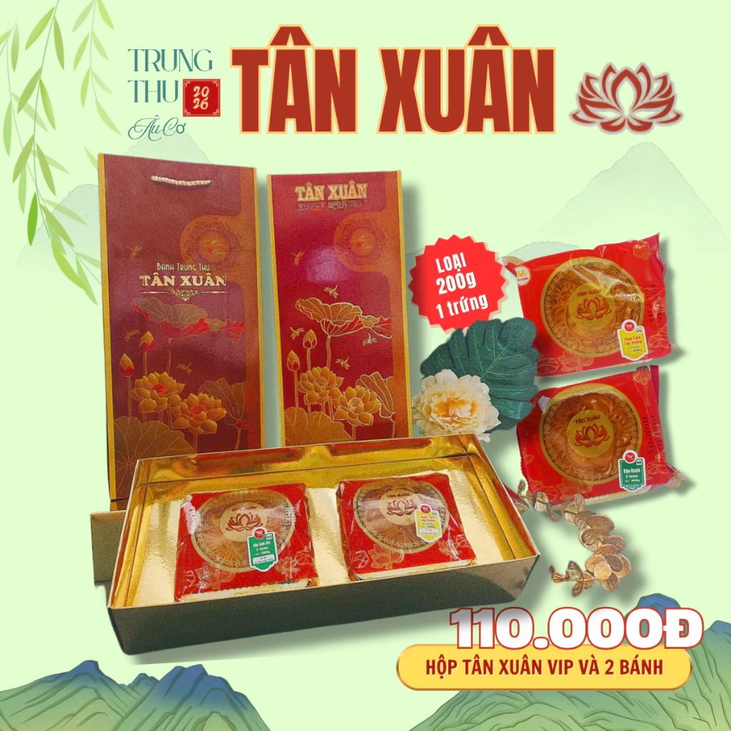 Hộp đẹp kèm 2 bánh trung thu Tân Xuân loại 200gr